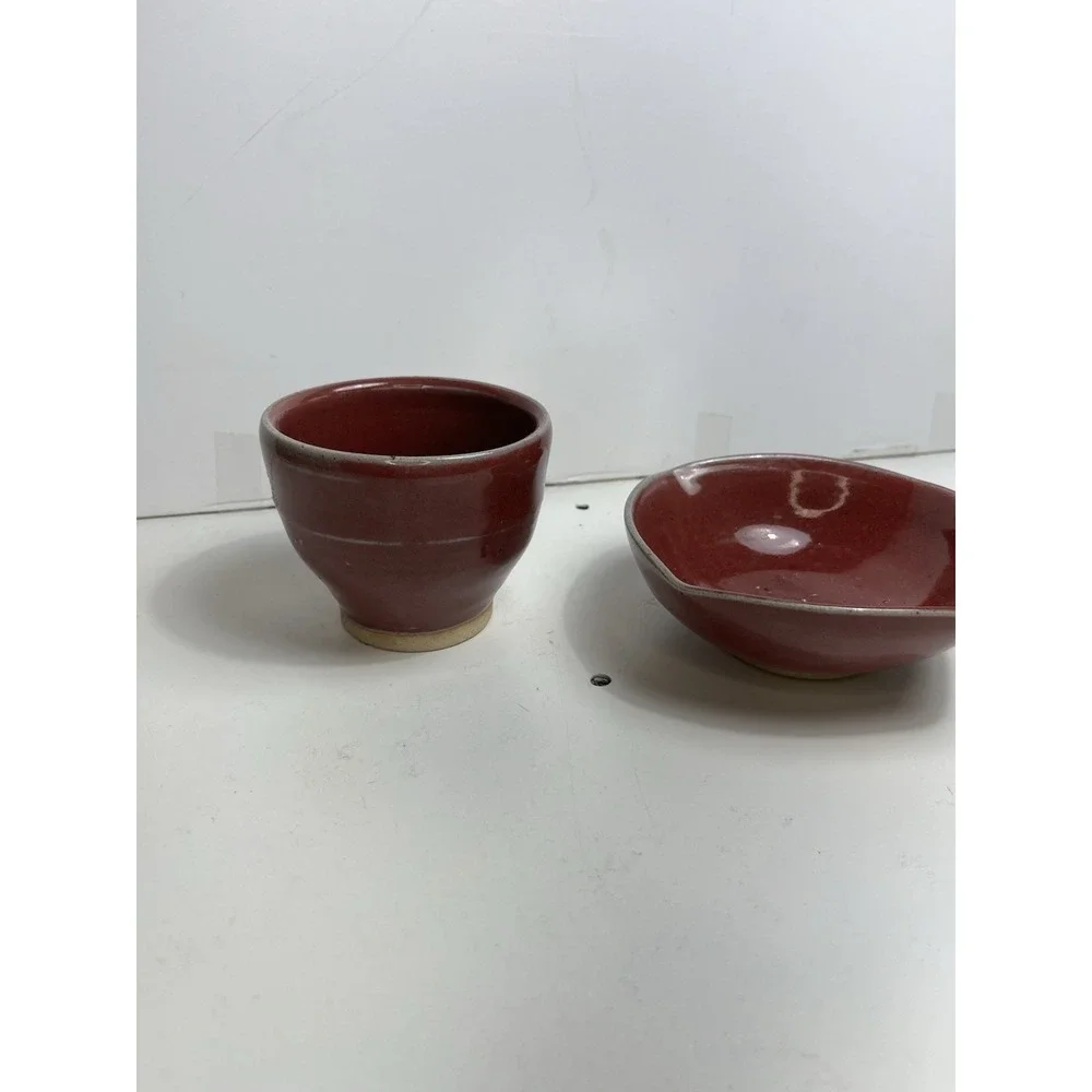 Japanese Studio Pottery Chawan Tea Cup & Bowl Set Red Glaze Signed M